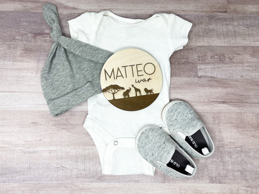 Safari Baby Name Sign Announcement, Wood Sign Birth Reveal, Baby Name Reveal, Baby Boy Name Sign, Jungle Themed Personal Newborn Name Sign