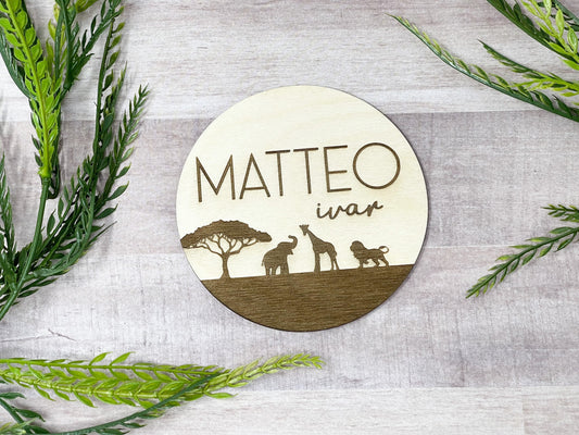 Safari Baby Name Sign Announcement, Wood Sign Birth Reveal, Baby Name Reveal, Baby Boy Name Sign, Jungle Themed Personal Newborn Name Sign